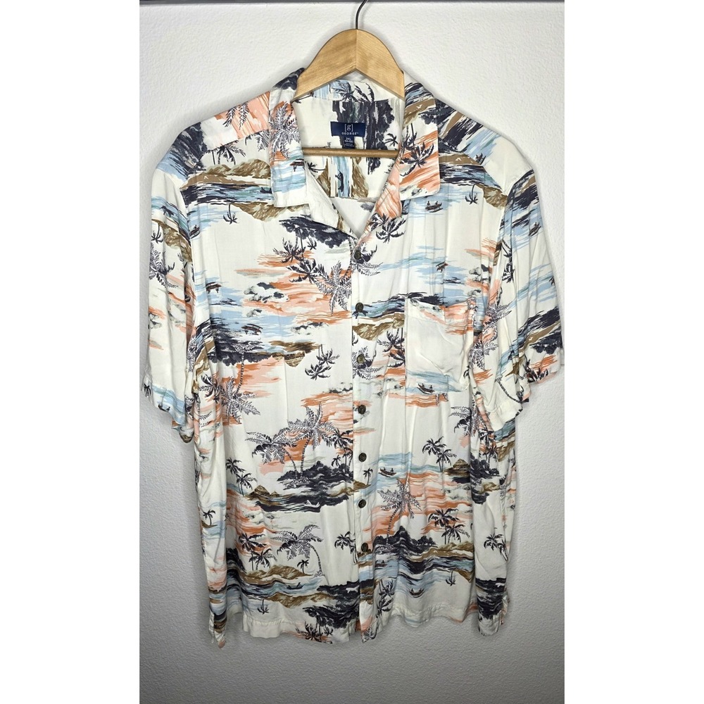 Hawaiian Tropical Palm Tree Beach Hut Button Up Mens 2XL Short Sleeve Shirt